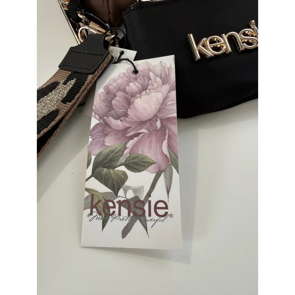 Kensie Multi Pouch Wristlet Black Brown Nylon Purse Leopard Strap Keychain‎ NEW